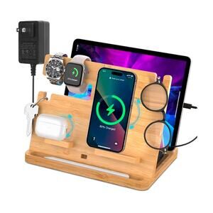 Bamboo Wireless Charging Station, Fast Wireless Charger Stand